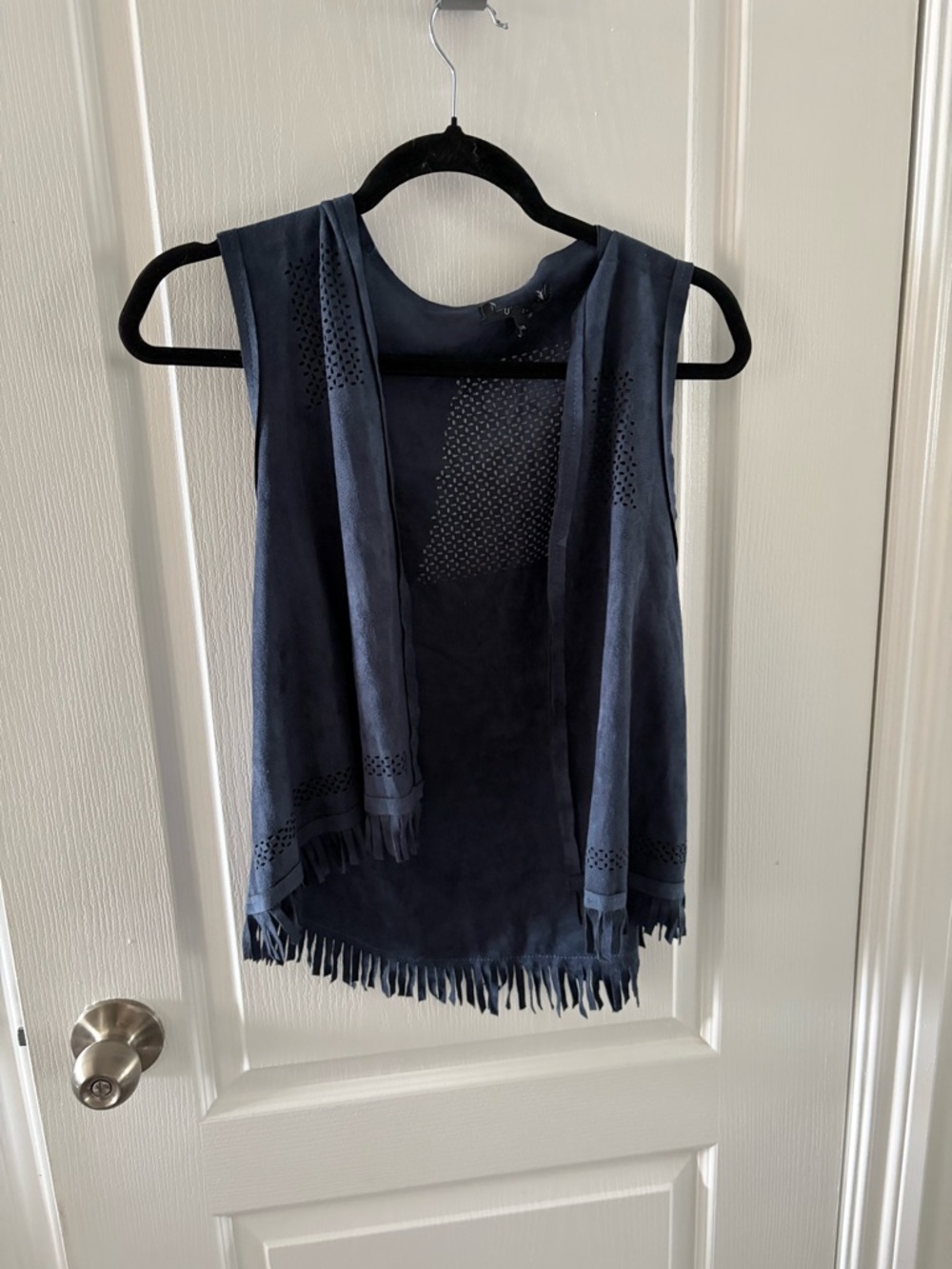 Fringed Navy Suede Open Front Tunic Vest